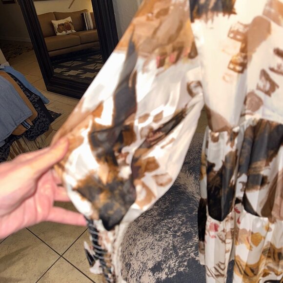 Beulah Style Abstract Artsy Empire Dress Bow Tie Neckline Balloon Sleeve Boho - Picture 10 of 12